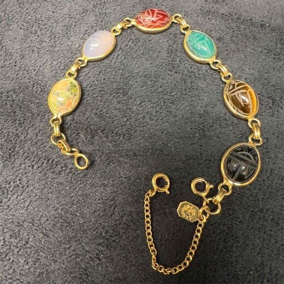 12K GF Scarab Beetle Bracelet Six (6) Gemstones Egyptian Hieroglyphs by Winard main image 6